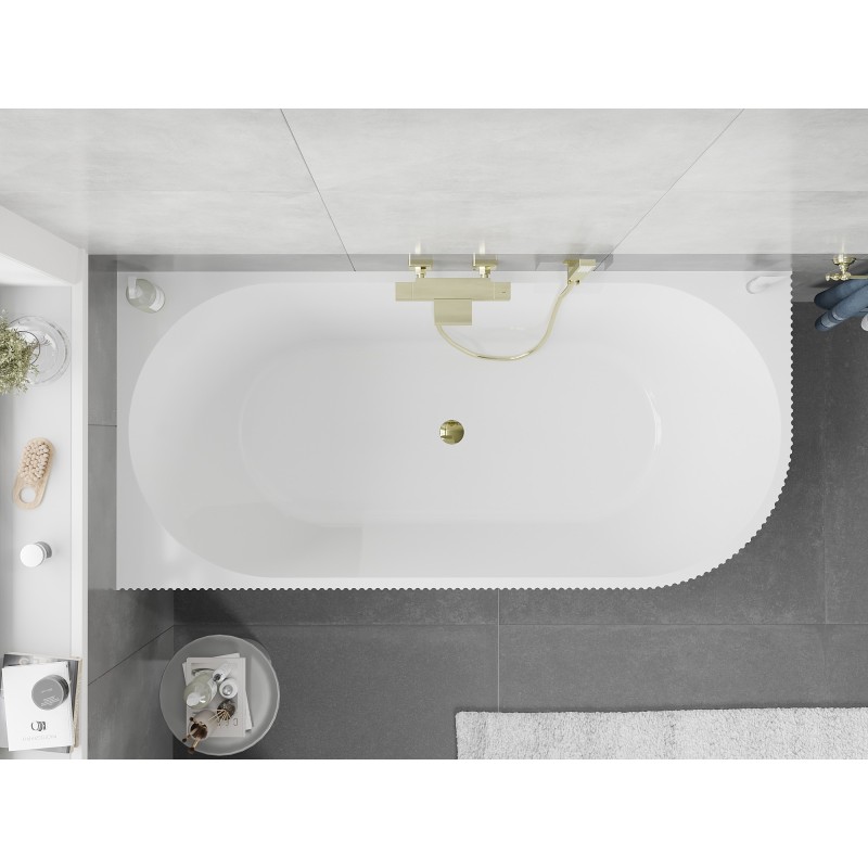 Mexen Silo baignoire autoportante d'angle gauche rainurée 170 x 80 cm, blanche, trop-plein doré - 52891708000L-50