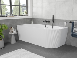 Baignoire d'angle indépendante Mexen Silo gauche côtelée 170 x 80 cm, blanche, trop-plein noir - 52891708000L-70