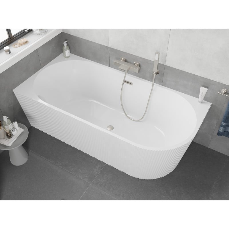 Mexen Silo baignoire autoportante d'angle gauche rainurée 170 x 80 cm, blanche, trop-plein nickel brossé - 52891708000L-97