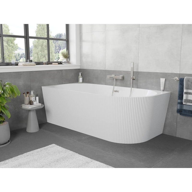 Mexen Silo baignoire autoportante d'angle gauche rainurée 170 x 80 cm, blanche, trop-plein nickel brossé - 52891708000L-97