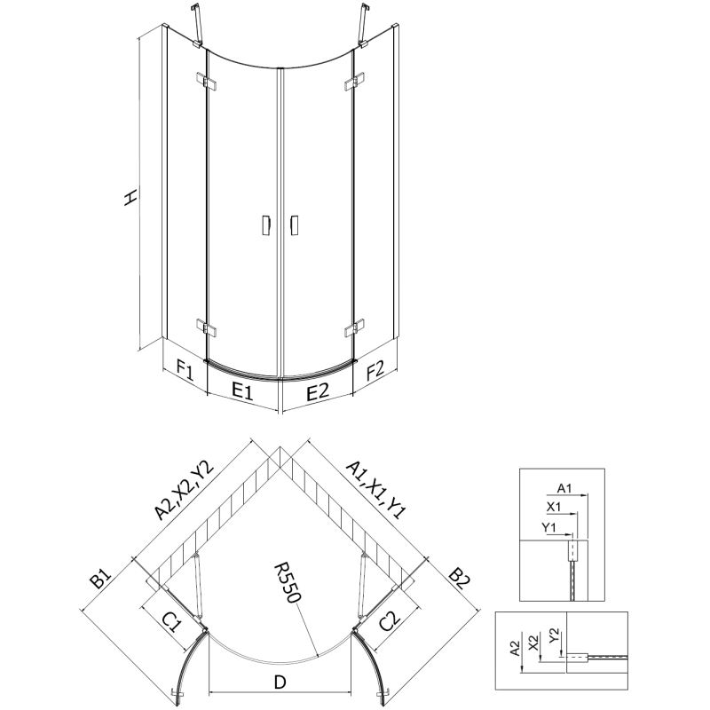 Mexen Mist cabine de douche semi-circulaire pivotante 90 x 90 cm, transparent, or brossé - 8A33-090-090-55-00