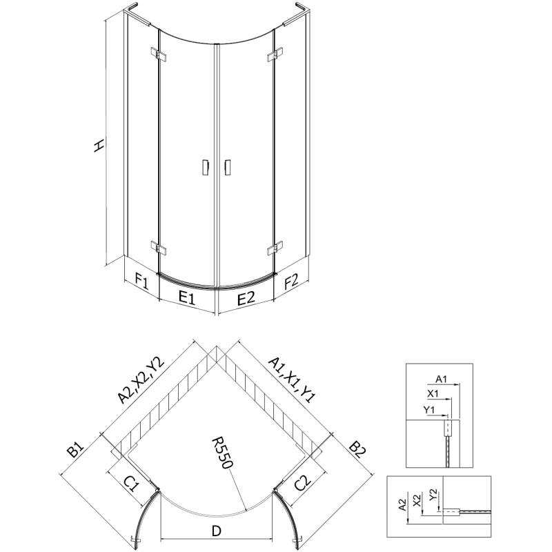 Mexen Mist L cabine de douche semi-circulaire pivotante 90 x 90 cm, transparent, or brossé - 8A33L-090-090-55-00