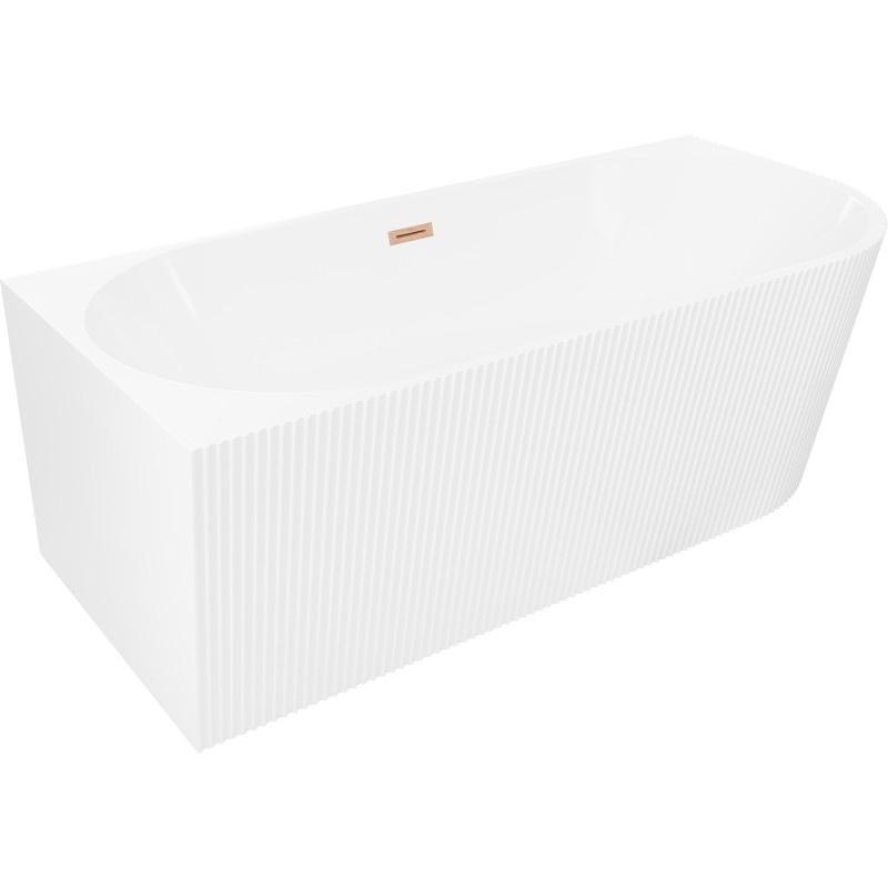 Mexen Silo baignoire autoportante d'angle gauche cannelée 150 x 75 cm, blanche, trop-plein en cuivre brossé - 52891507500L-65