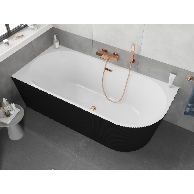 Mexen Silo baignoire autoportante d'angle gauche rainurée 170 x 80 cm, blanc/noir, trop-plein or rose - 52891708075L-60