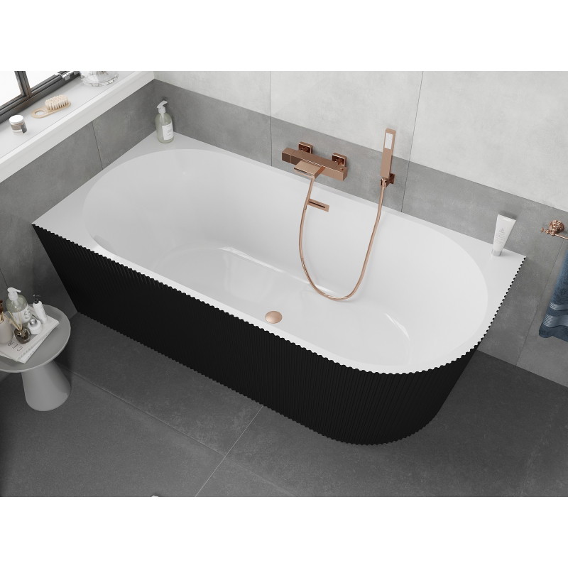Mexen Silo baignoire autoportante d'angle gauche rainurée 170 x 80 cm, blanche/noire, trop-plein en cuivre brossé