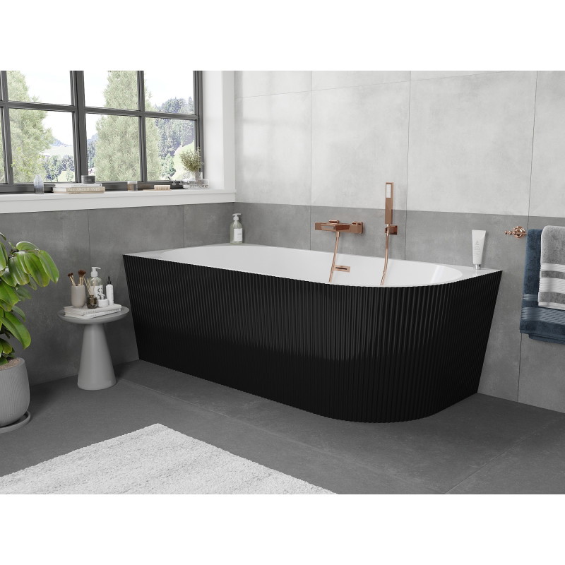 Mexen Silo baignoire autoportante d'angle gauche rainurée 170 x 80 cm, blanche/noire, trop-plein en cuivre brossé