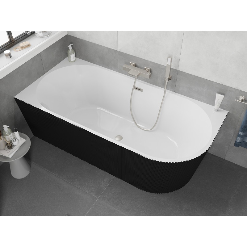 Mexen Silo baignoire autoportante d'angle gauche cannelée 170 x 80 cm, blanc/noir, trop-plein en nickel brossé