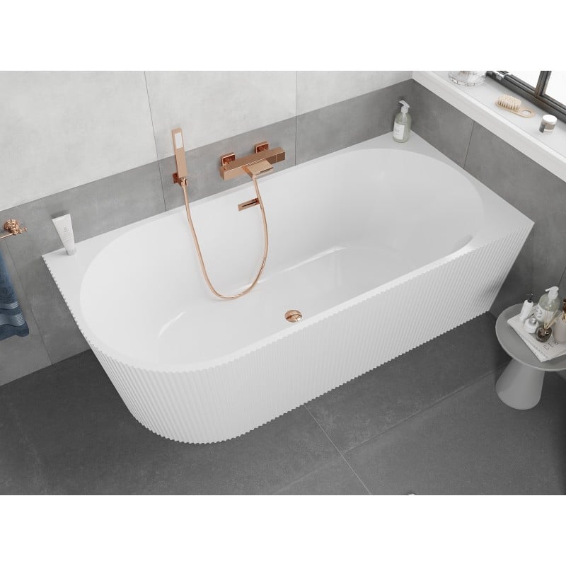 Mexen Silo baignoire autoportante d'angle droite rainurée 150 x 75 cm, blanche, trop-plein or rose - 52891507500P-60