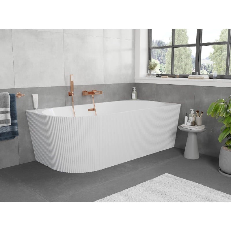 Mexen Silo baignoire autoportante d'angle droite rainurée 150 x 75 cm, blanche, trop-plein or rose - 52891507500P-60