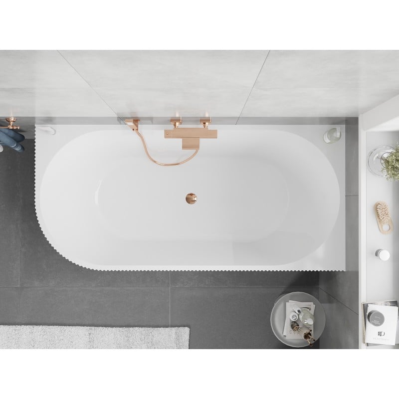 Mexen Silo baignoire autoportante d'angle droite rainurée 150 x 75 cm, blanche, trop-plein or rose - 52891507500P-60