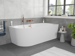 Baignoire d'angle Mexen Silo autonome droite cannelée 150 x 75 cm, blanche, trop-plein cuivre brossé - 52891507500P-65