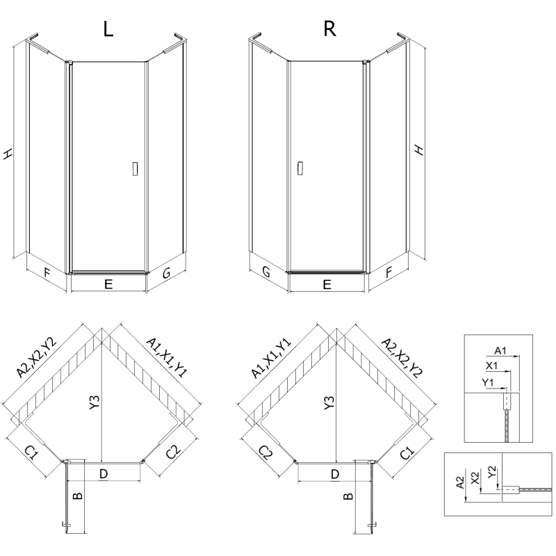 Mexen Mist L cabine de douche pentagonale asymétrique pivotante gauche 90 x 80 cm, grille noire, noir - 8A8L-090-080-70-77-L