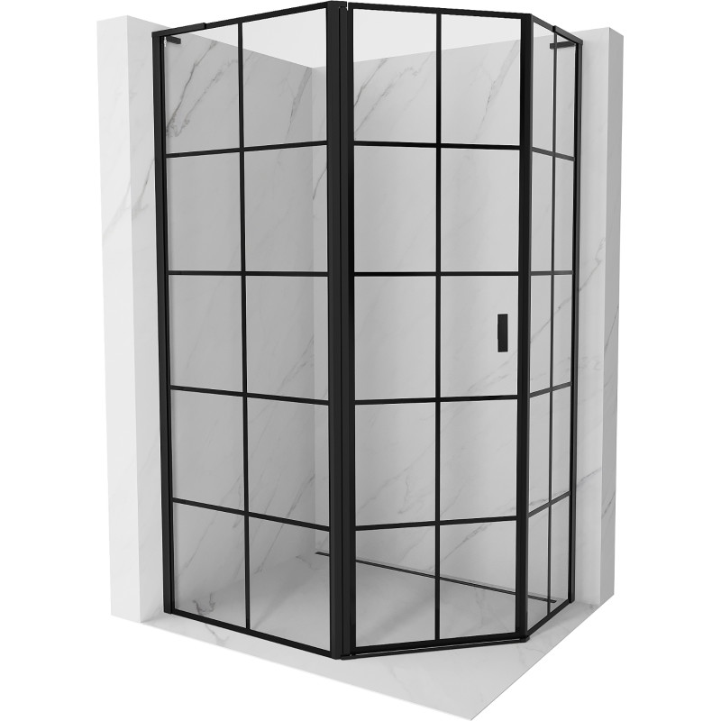 Mexen Mist L cabine de douche pentagonale asymétrique pivotante gauche 90 x 80 cm, grille noire, noire - 8A8L-090-080-70-77-L
