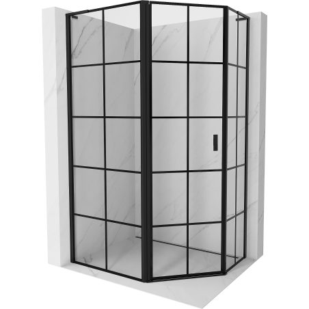 Mexen Mist L cabine de douche pentagonale asymétrique pivotante gauche 90 x 80 cm, grille noire, noire - 8A8L-090-080-70-77-L