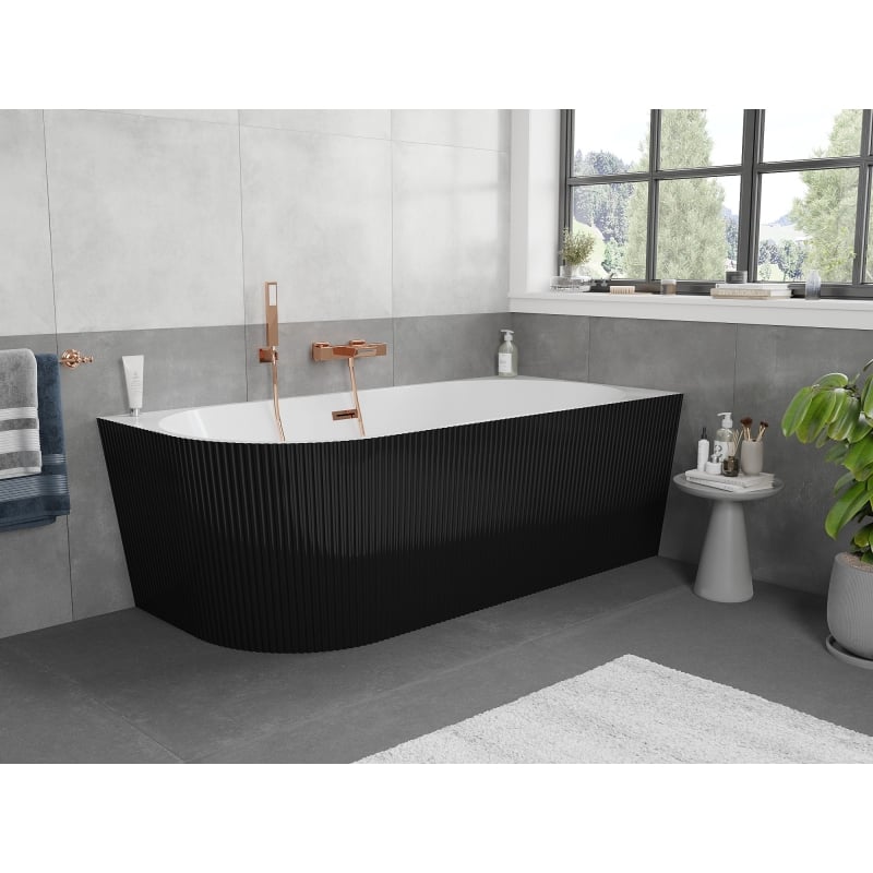 Mexen Silo baignoire autoportante d'angle droite cannelée 150 x 75 cm, blanche/noire, trop-plein or rose - 52891507575P-60