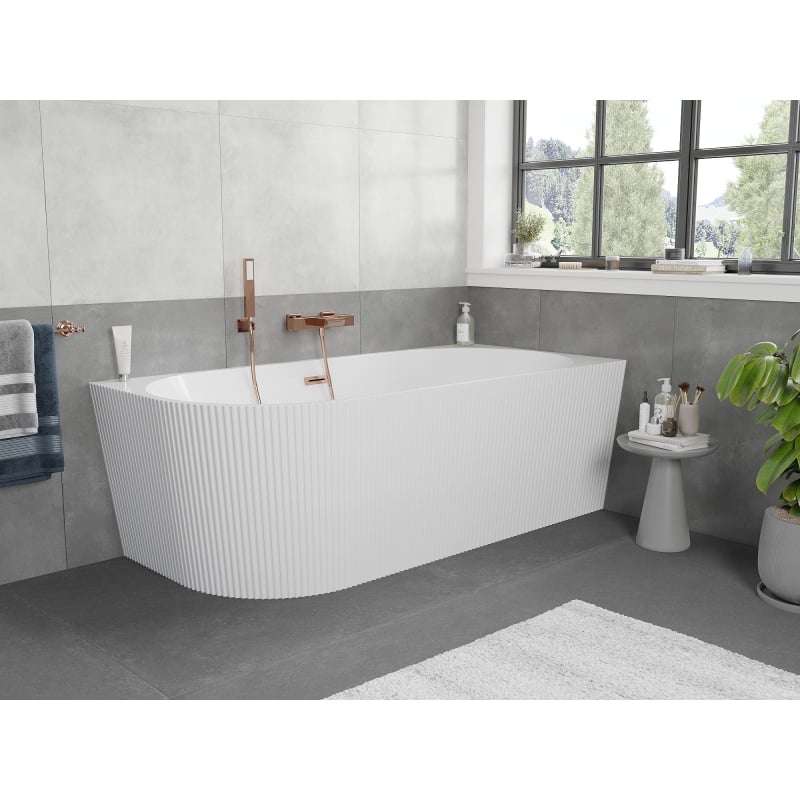 Mexen Silo baignoire îlot d'angle droite rainurée 170 x 80 cm, blanche, trop-plein cuivre brossé - 52891708000P-65
