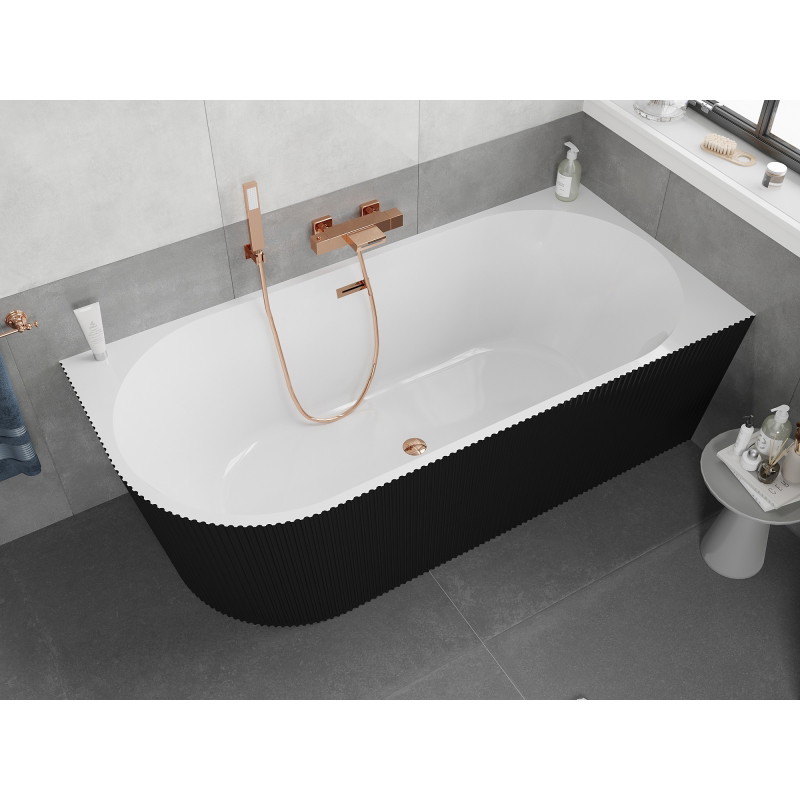 Mexen Silo baignoire autoportante d'angle droite rainurée 170 x 80 cm, blanche/noire, trop-plein or rose - 52891708075P-60