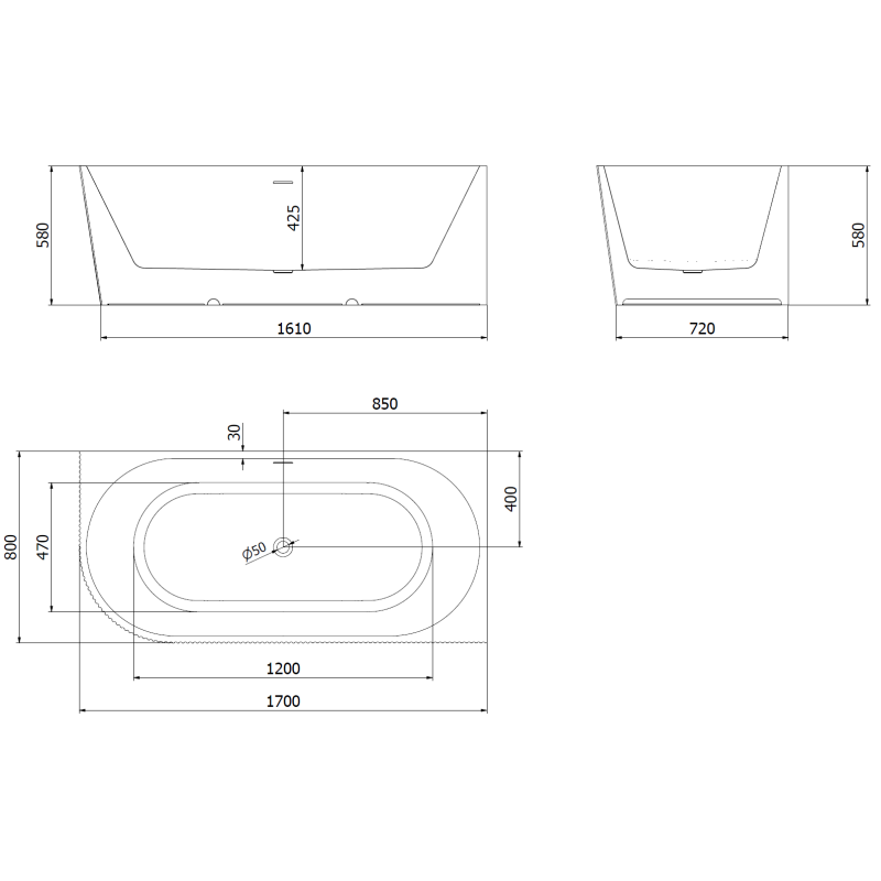 Mexen Silo baignoire îlot d'angle droite rainurée 170 x 80 cm, blanc/noir, trop-plein en cuivre brossé - 52891708075P-65