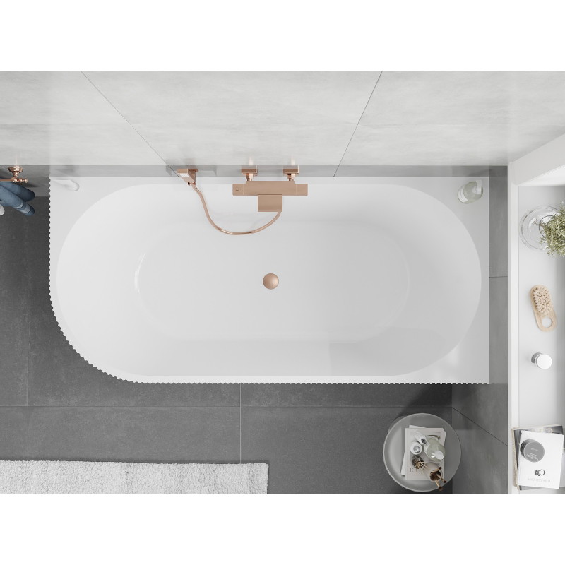 Mexen Silo baignoire autoportante d'angle droite côtelée 170 x 80 cm, blanche/noire, trop-plein cuivre brossé