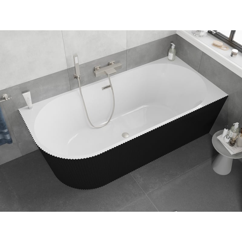 Mexen Silo baignoire autoportante d'angle droite cannelée 170 x 80 cm, blanche/noire, trop-plein nickel brossé