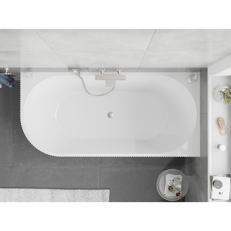 Mexen Silo baignoire autoportante d'angle droite cannelée 170 x 80 cm, blanche/noire, trop-plein nickel brossé