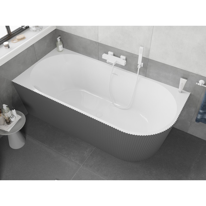 Mexen Silo baignoire autoportante d'angle gauche rainurée 150 x 75 cm, blanc/gris, trop-plein blanc - 52891507562L-20
