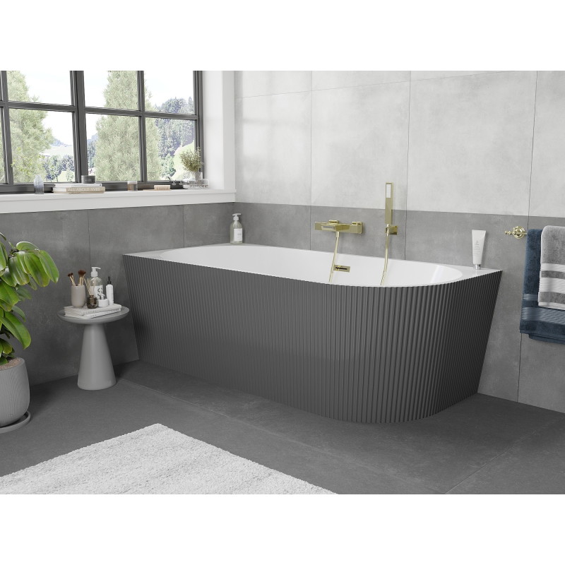 Mexen Silo baignoire autoportante d'angle gauche rainurée 150 x 75 cm, blanc/gris, trop-plein doré - 52891507562L-50