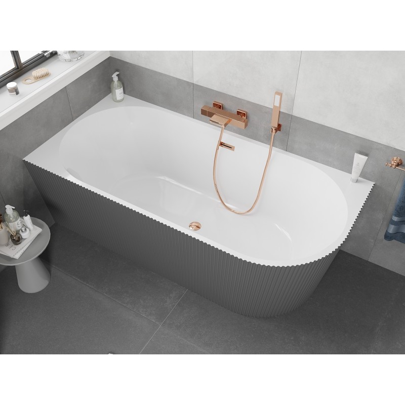 Mexen Silo baignoire autoportante d'angle gauche cannelée 150 x 75 cm, blanc/gris, trop-plein or rose - 52891507562L-60