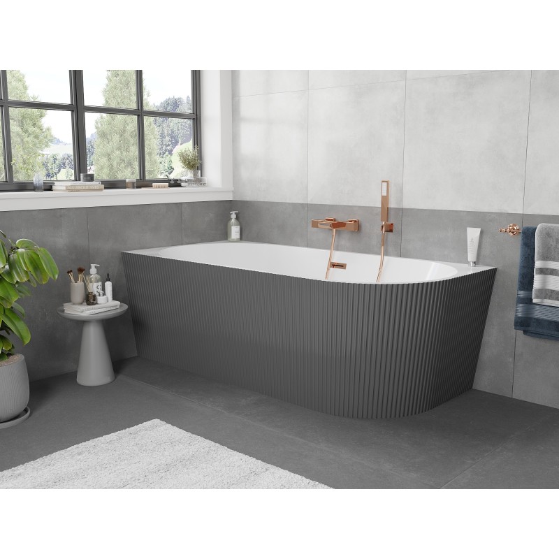 Mexen Silo baignoire autoportante d'angle gauche cannelée 150 x 75 cm, blanc/gris, trop-plein or rose - 52891507562L-60