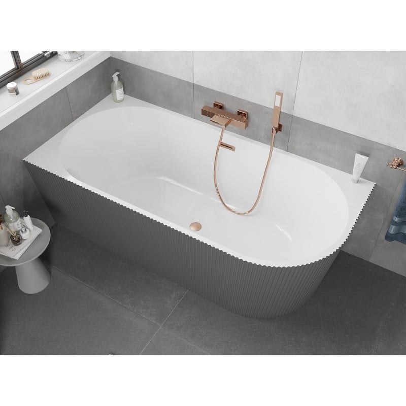 Mexen Silo baignoire autoportante d'angle gauche rainurée 150 x 75 cm, blanc/gris, trop-plein cuivre brossé - 52891507562L-65