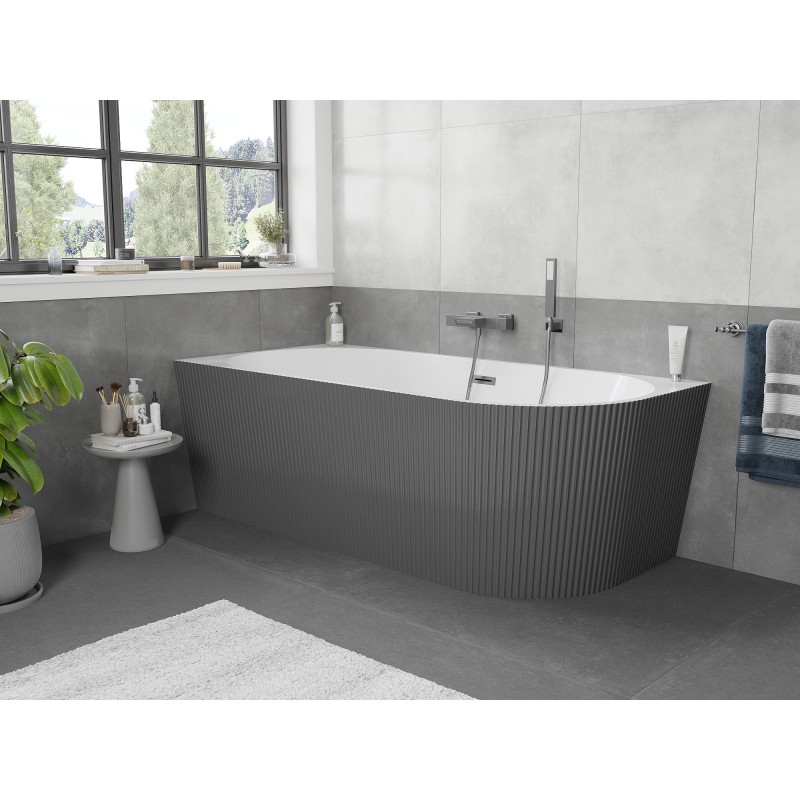 Mexen Silo baignoire îlot d'angle gauche cannelée 150 x 75 cm, blanc/gris, trop-plein gris gun brossé - 52891507562L-66