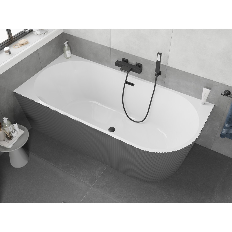 Mexen Silo baignoire autoportante d'angle gauche rainurée 150 x 75 cm, blanc/gris, trop-plein noir - 52891507562L-70
