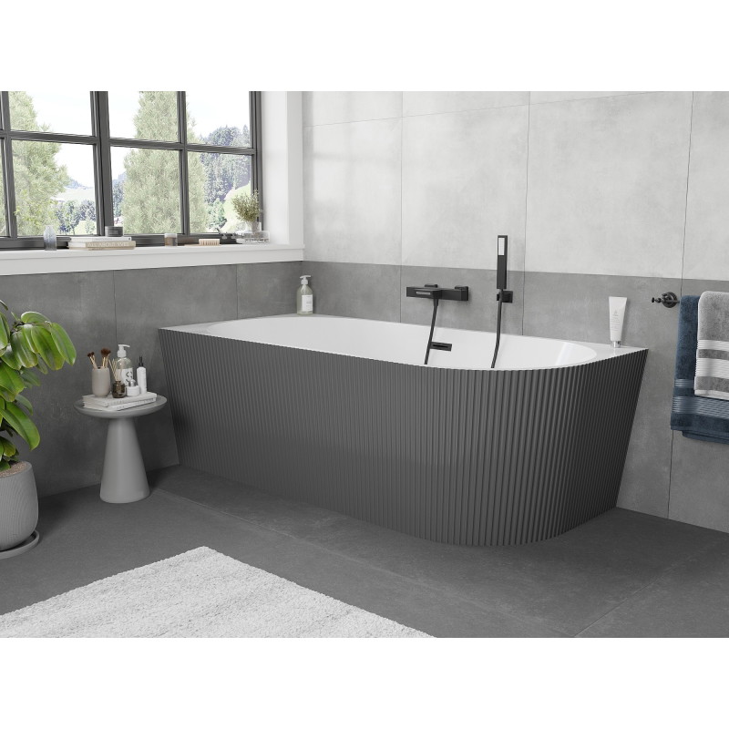 Mexen Silo baignoire autoportante d'angle gauche rainurée 150 x 75 cm, blanc/gris, trop-plein noir - 52891507562L-70