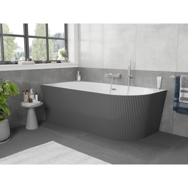 Mexen Silo baignoire autoportante d'angle gauche rainurée 150 x 75 cm, blanc/gris, trop-plein nickel brossé - 52891507562L-97