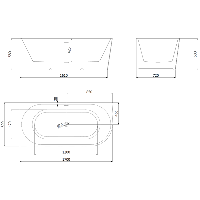 Mexen Silo baignoire autoportante d'angle gauche nervurée 170 x 80 cm, blanche/grise, trop-plein blanc - 52891708062L-20