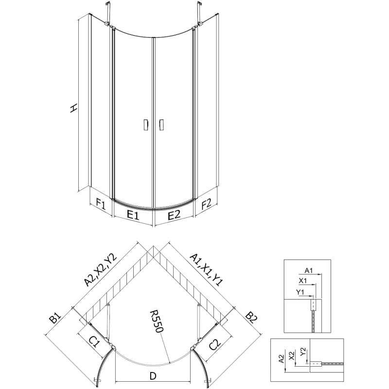 Mexen Mist cabine de douche semi-circulaire pivotante 80 x 80 cm, cadre noir, noir - 8A32-080-080-70-70