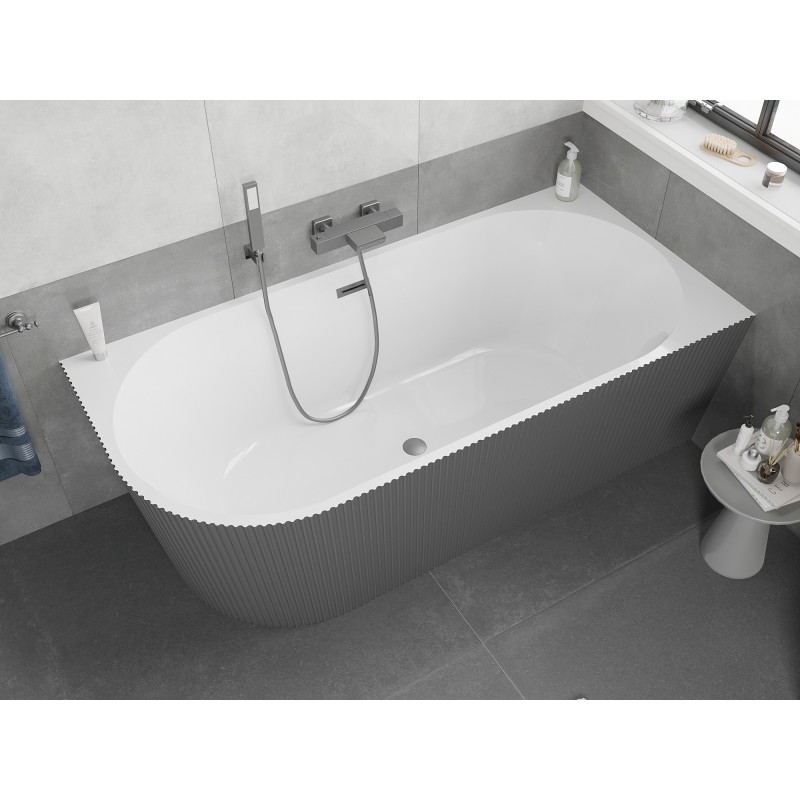 Mexen Silo baignoire autoportante d'angle droit cannelée 150 x 75 cm, blanche/grise, trop-plein en métal - 52891507562P-95