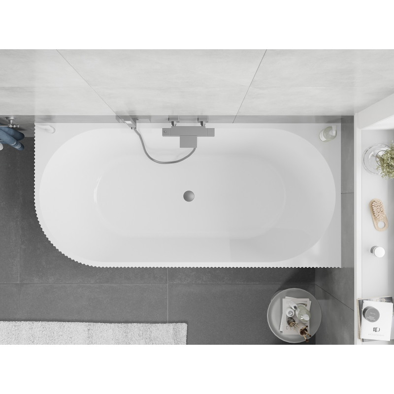 Mexen Silo baignoire autoportante d'angle droit cannelée 150 x 75 cm, blanche/grise, trop-plein en métal - 52891507562P-95