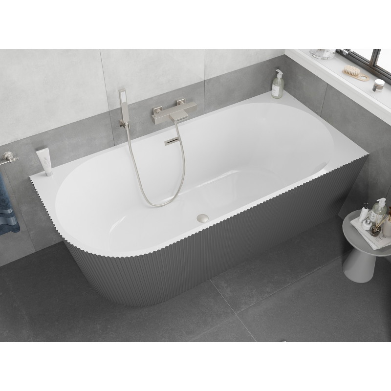 Mexen Silo baignoire autoportante d'angle droite rainurée 150 x 75 cm, blanc/gris, trop-plein nickel brossé - 52891507562P-97