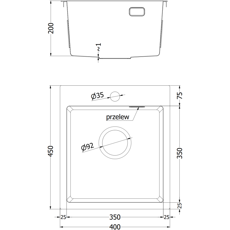 Mexen Solix évier en acier inoxydable 1 bac 400 x 450 mm, inox - 6401401000-01