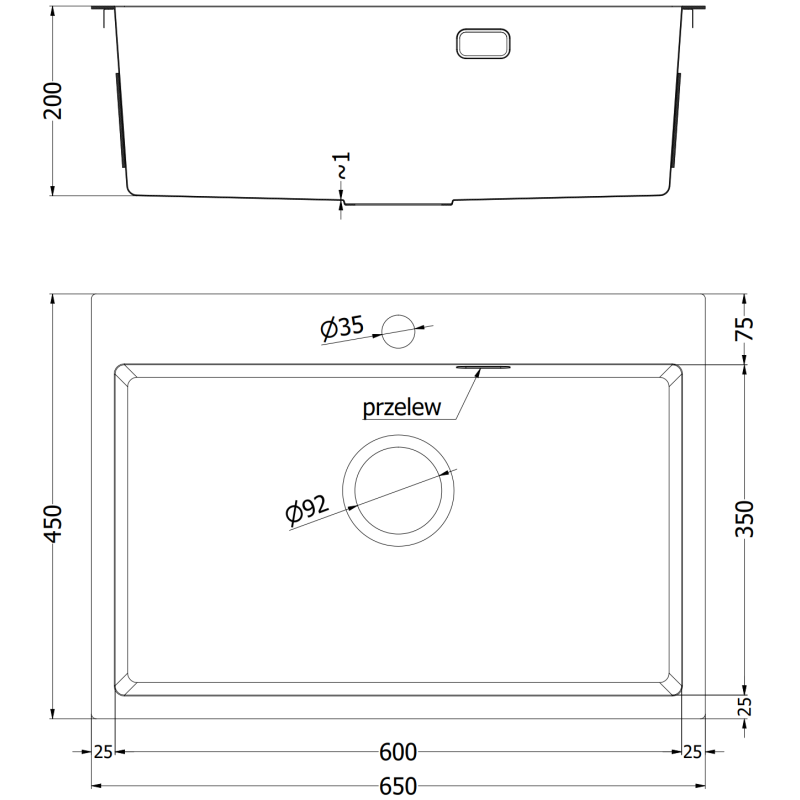 Mexen Solix évier en acier inoxydable 1 bac 650 x 450 mm, inox - 6403651000-01