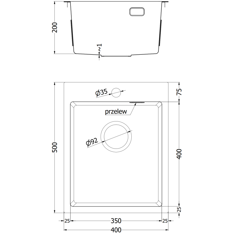 Mexen Solix évier en acier inoxydable 1 bac 400 x 500 mm, inox HC - 6406401000-01HC