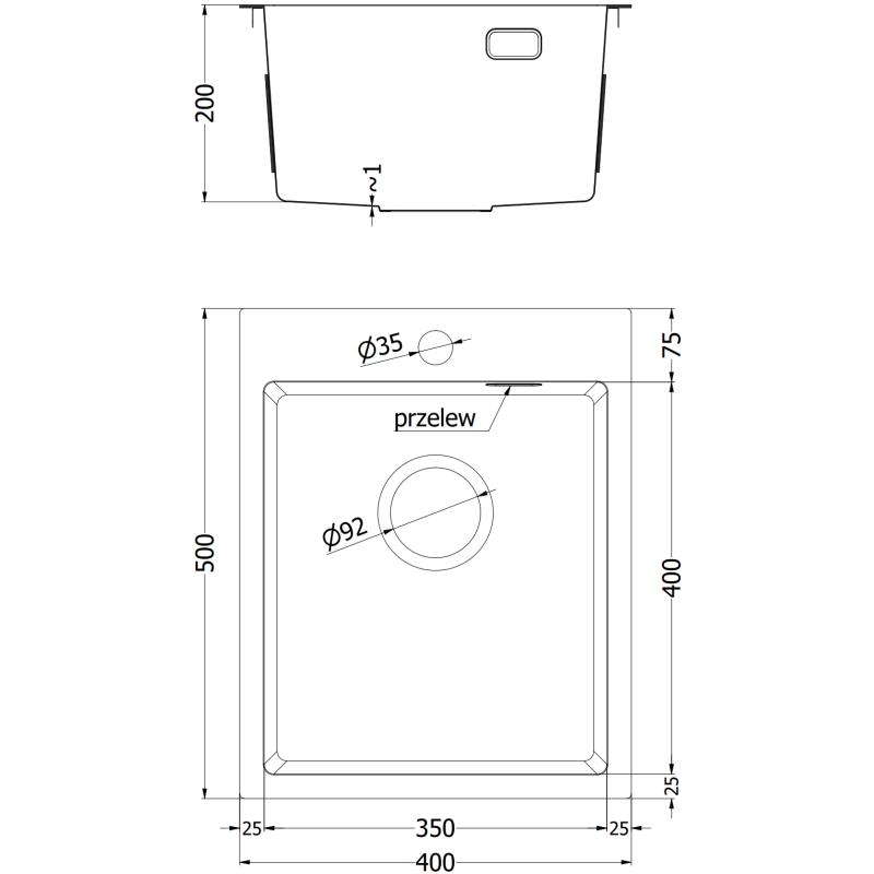 Mexen Solix évier en acier inoxydable 1 bac 400 x 500 mm, noir HC - 6406401000-70HC