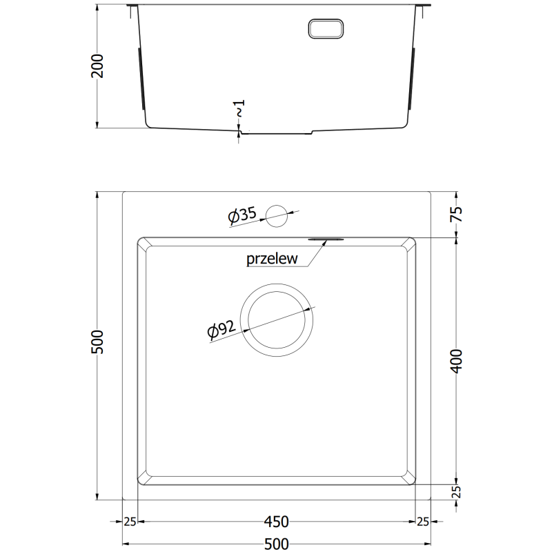 Mexen Solix évier en acier inoxydable 1 bac 500 x 500 mm, inox - 6407501000-01