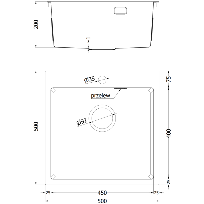Mexen Solix évier en acier inoxydable 1 bac 500 x 500 mm, noir - 6407501000-70