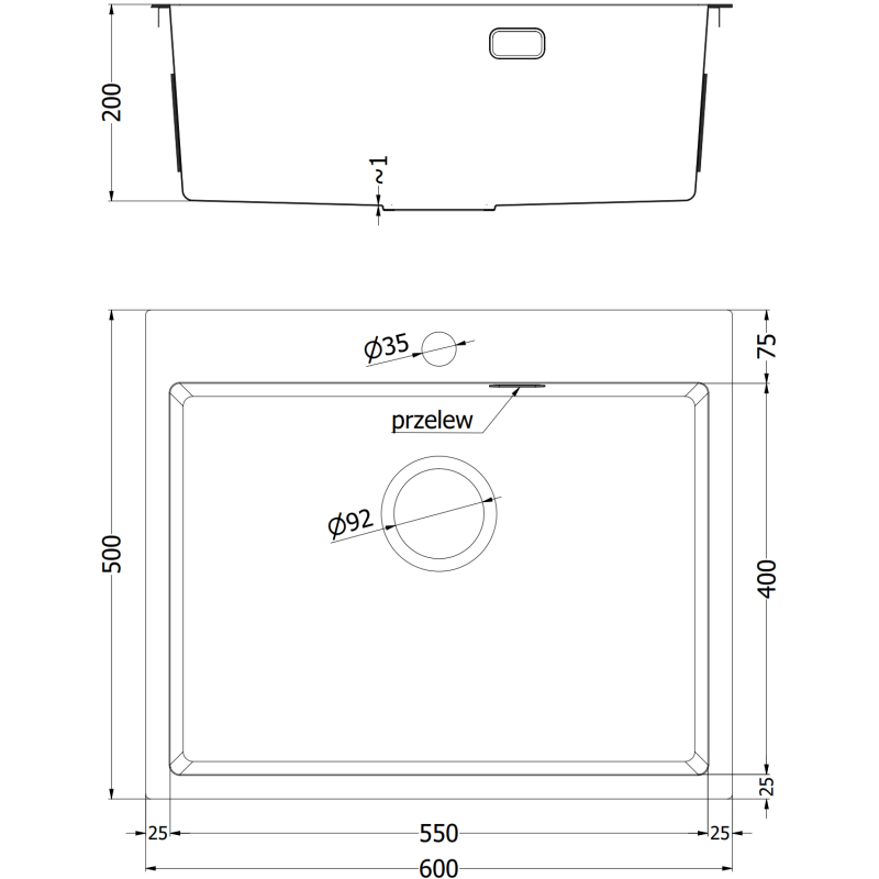 Mexen Solix évier en acier inoxydable 1 bac 600 x 500 mm, cuivre HC - 6408601000-65HC
