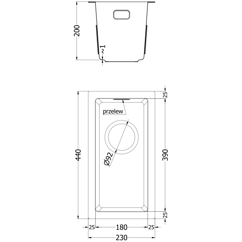 Mexen Trixo évier en acier inoxydable 1 bac 230 x 440 mm, noir - 6411221000-70