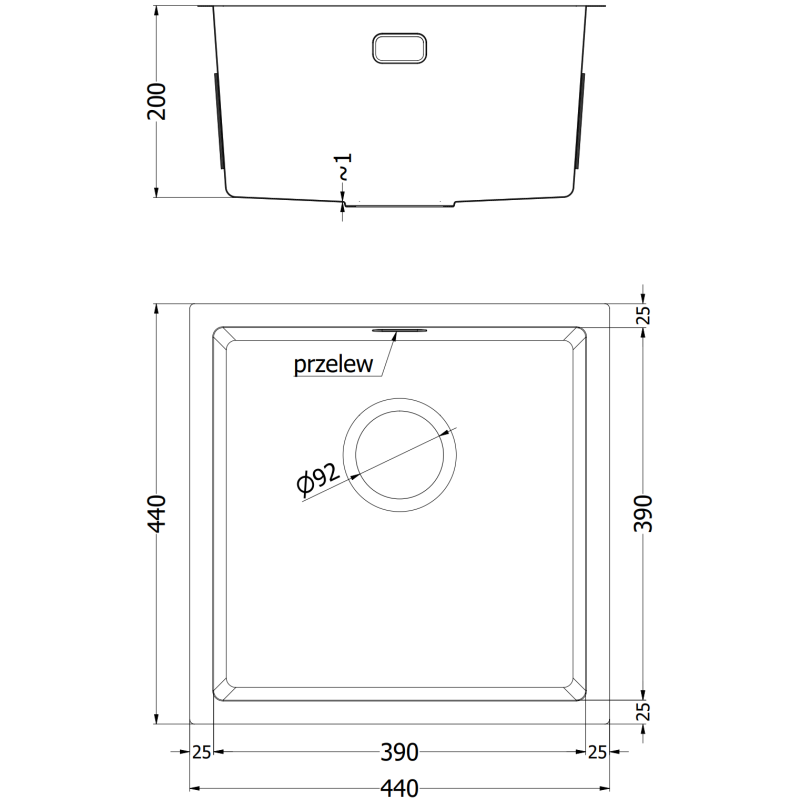Mexen Trixo évier en acier inoxydable à 1 bac 440 x 440 mm, noir HC - 6413441000-70HC