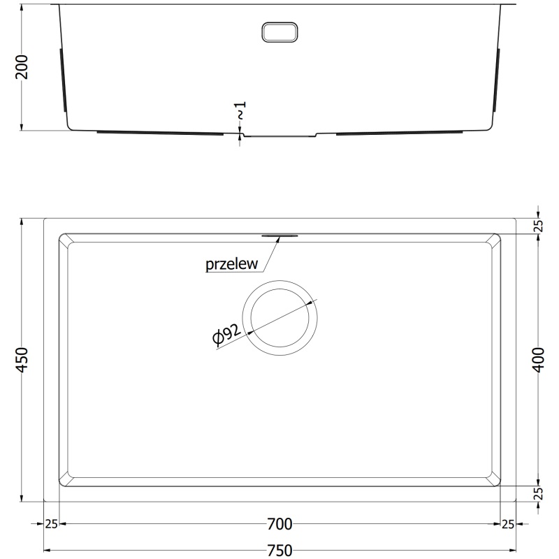 Mexen Trixo évier en acier inoxydable 1 bac 750 x 440 mm, noir - 6415751000-70