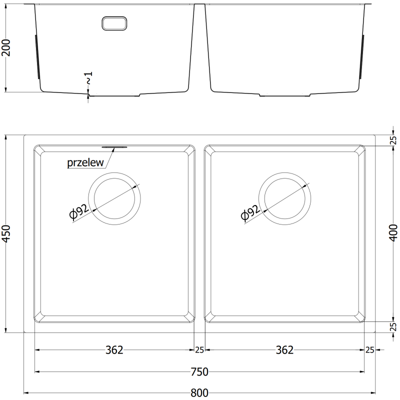 Mexen Binox évier en acier inoxydable 2 bacs 800 x 450 mm, cuivre - 6421802000-65